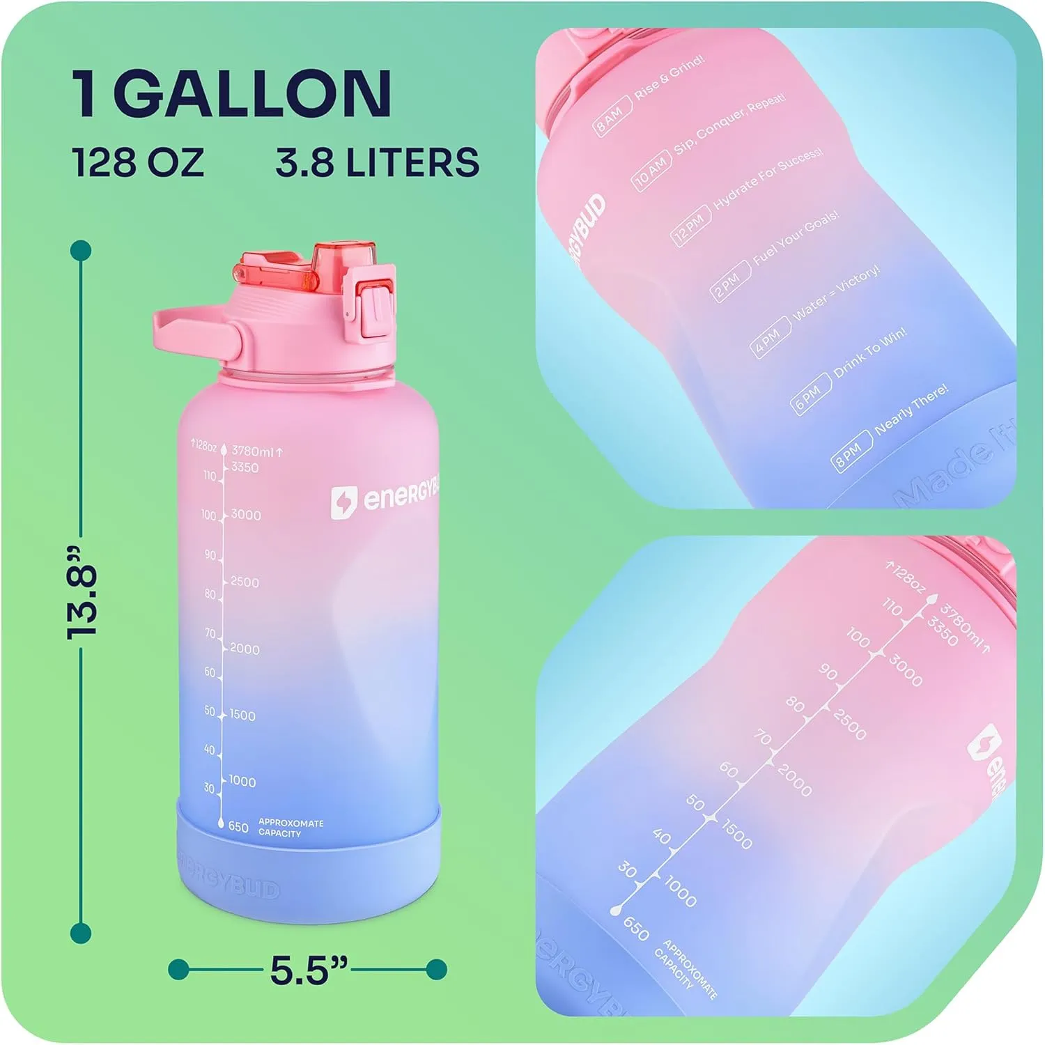 1 Gallon Water Bottle Removable Straw And Handle Dishwasher-Safe BPS & BPA & DEHP Free 2 Cleaning Brushes Big/Large Bottle With Time Markers Wide Mouth Leakproof 128 oz Jug (Pink & Purple)