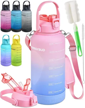 1 Gallon Water Bottle Removable Straw And Handle Dishwasher-Safe BPS & BPA & DEHP Free 2 Cleaning Brushes Big/Large Bottle With Time Markers Wide Mouth Leakproof 128 oz Jug (Pink & Purple)
