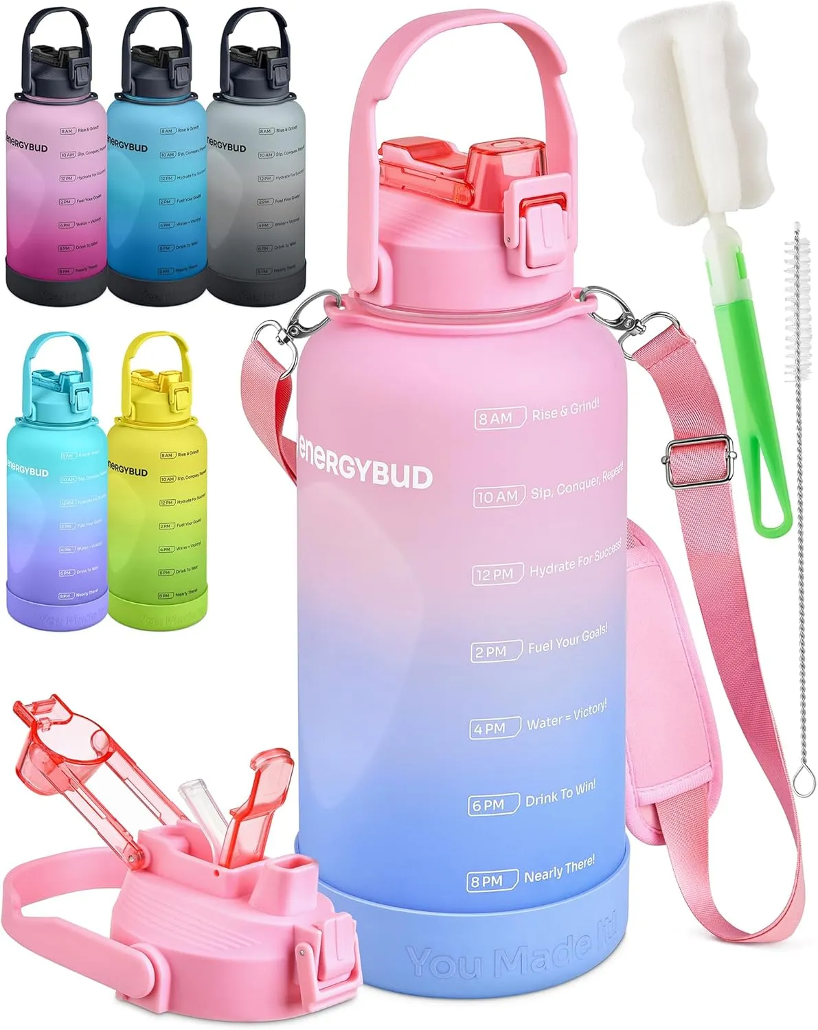 1 Gallon Water Bottle Removable Straw And Handle Dishwasher-Safe BPS & BPA & DEHP Free 2 Cleaning Brushes Big/Large Bottle With Time Markers Wide Mouth Leakproof 128 oz Jug (Pink & Purple)