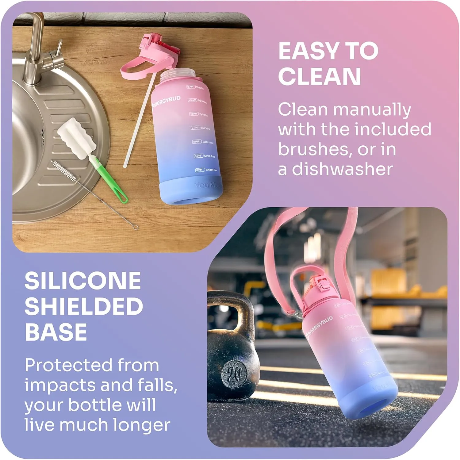 1 Gallon Water Bottle Removable Straw And Handle Dishwasher-Safe BPS & BPA & DEHP Free 2 Cleaning Brushes Big/Large Bottle With Time Markers Wide Mouth Leakproof 128 oz Jug (Pink & Purple)