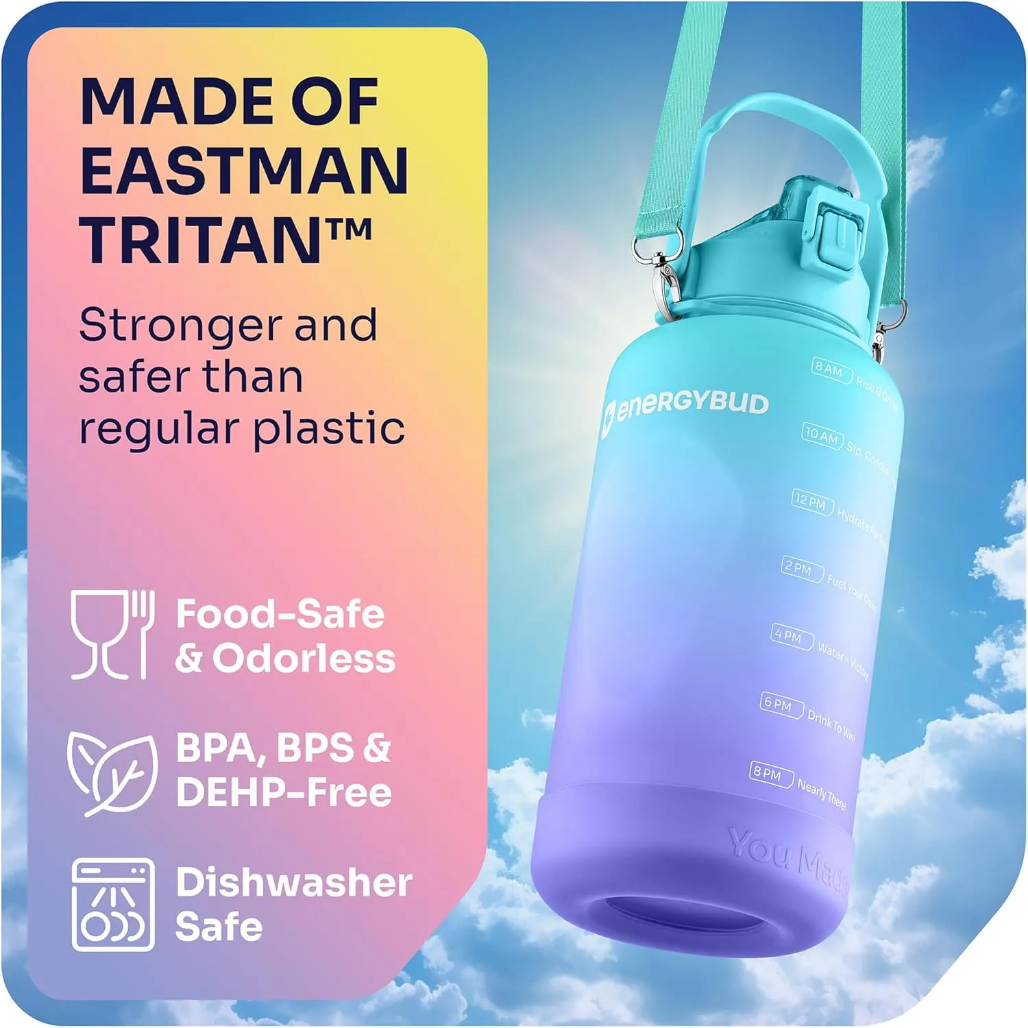 1 Gallon Water Bottle Removable Straw And Handle Dishwasher-Safe BPS & BPA & DEHP Free 2 Cleaning Brushes With Time Markers Wide Mouth Leakproof 128 oz Jug (Turquoise & Purple)