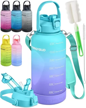1 Gallon Water Bottle Removable Straw And Handle Dishwasher-Safe BPS & BPA & DEHP Free 2 Cleaning Brushes With Time Markers Wide Mouth Leakproof 128 oz Jug (Turquoise & Purple)