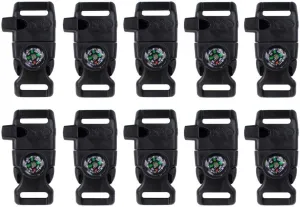 10 Pack Emergency Whistle Black Buckles - Contains Compass, Fire Starter, and Flint Scraper - Use for Outdoor Camping, Paracord Bracelets