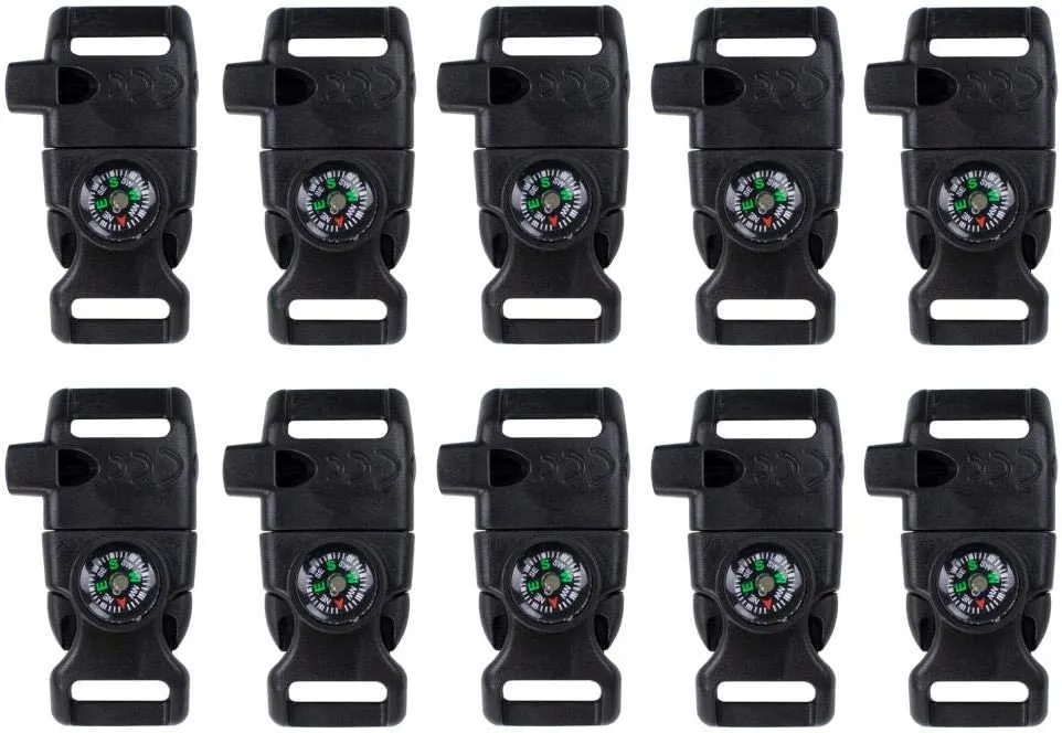 10 Pack Emergency Whistle Black Buckles - Contains Compass, Fire Starter, and Flint Scraper - Use for Outdoor Camping, Paracord Bracelets