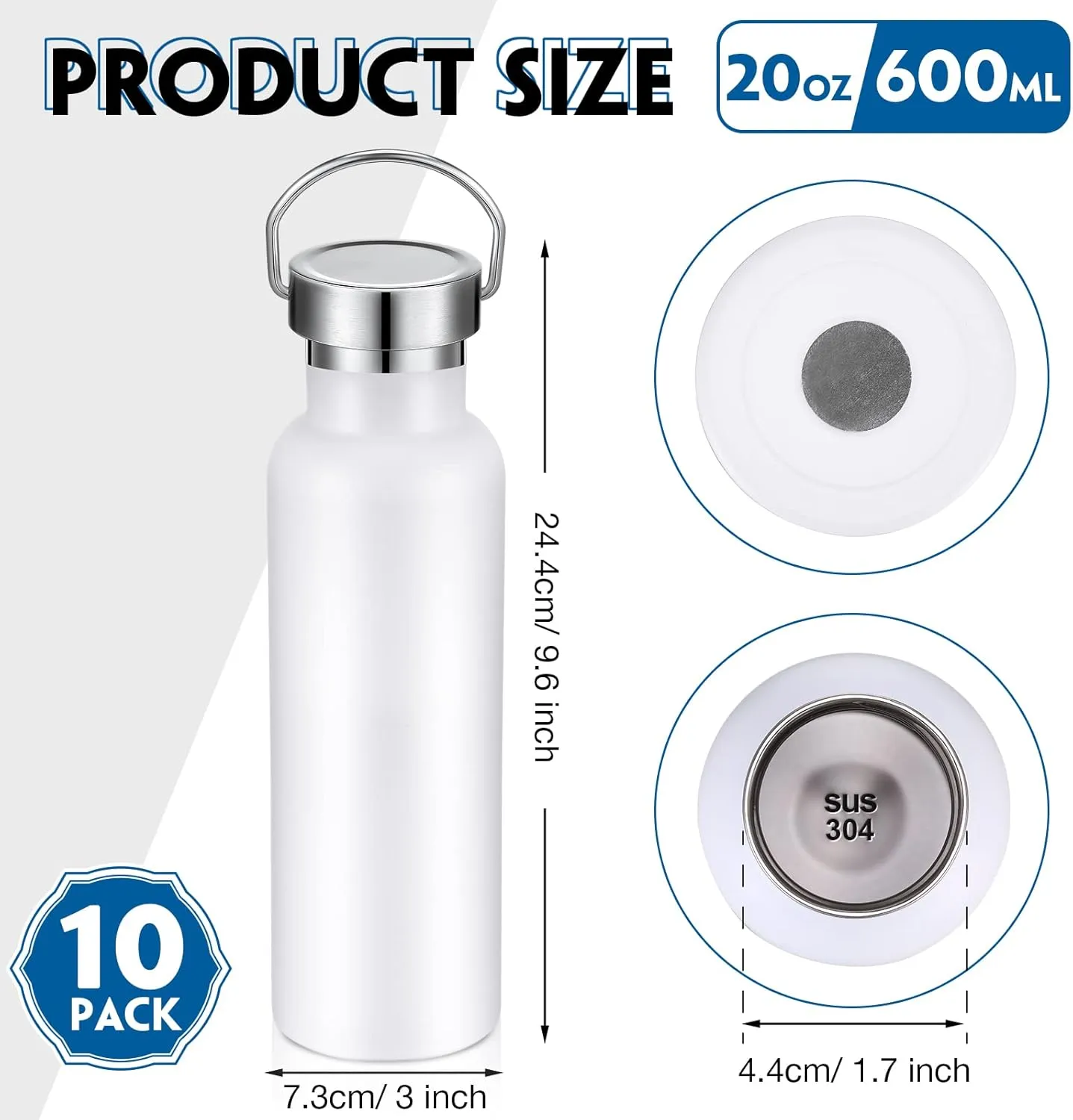 10 Pack Insulated Water Bottle 20 oz Stainless Steel Sport Bottle Bulk Double Wall Metal Reusable Flask with Leakproof Lid of Handle for Travel Cyclists School Gift(White)