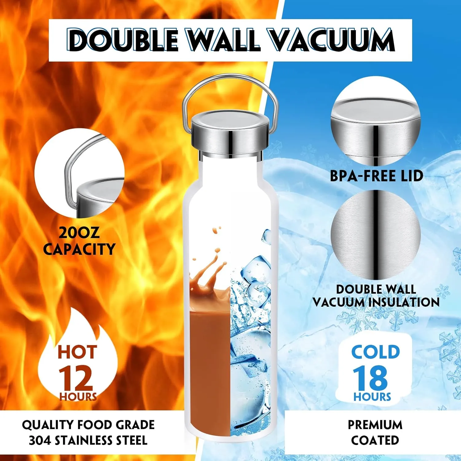 10 Pack Insulated Water Bottle 20 oz Stainless Steel Sport Bottle Bulk Double Wall Metal Reusable Flask with Leakproof Lid of Handle for Travel Cyclists School Gift(White)