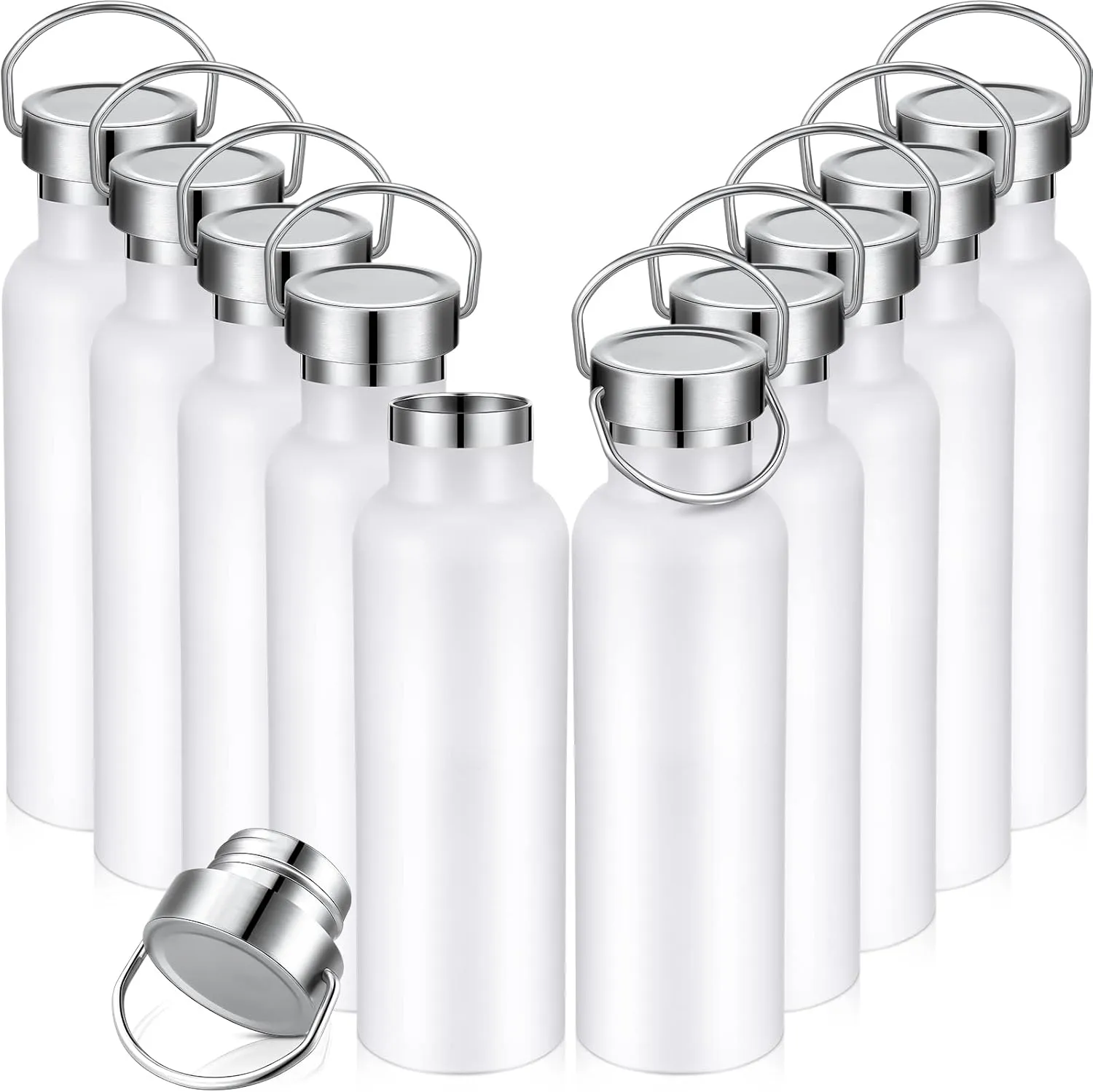 10 Pack Insulated Water Bottle 20 oz Stainless Steel Sport Bottle Bulk Double Wall Metal Reusable Flask with Leakproof Lid of Handle for Travel Cyclists School Gift(White)