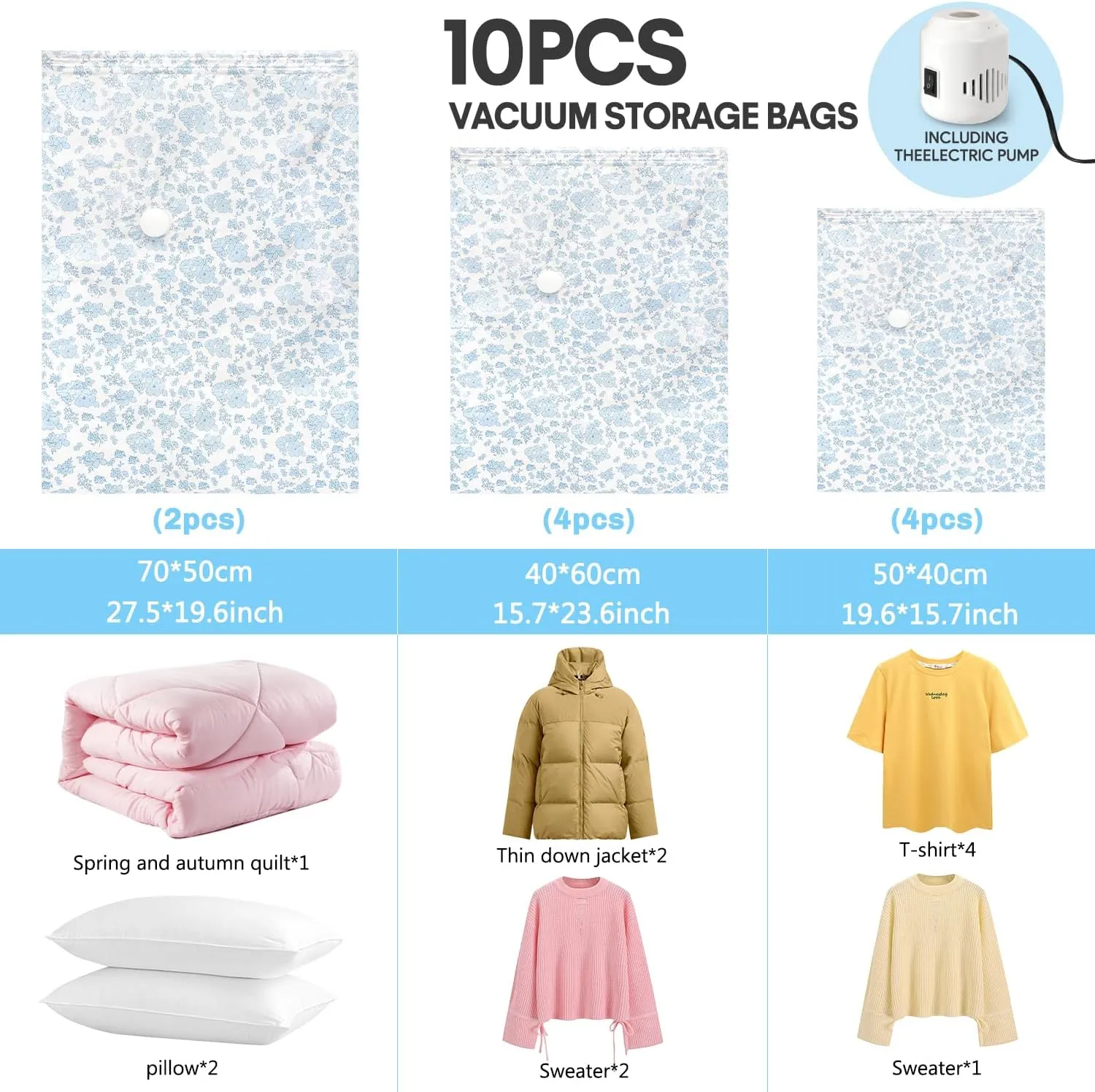 10 Pack Vacuum Storage Bags with Electric Pump (Blue Flowers)