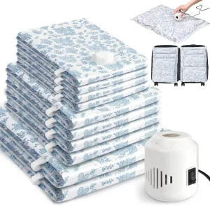 10 Pack Vacuum Storage Bags with Electric Pump (Blue Flowers)