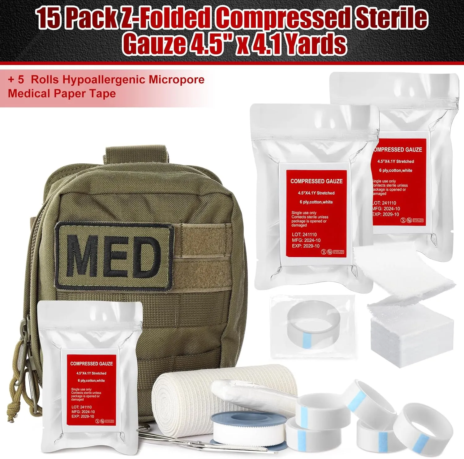 10 Pcs Z-Folded Compressed Sterile Gauze 4.5" x 4.1 Yards Combat Gauze Trauma Pad 6-ply 100% Cotton for Emergency Wound Dressing, First Aid Ifak Supplies Trauma Kit