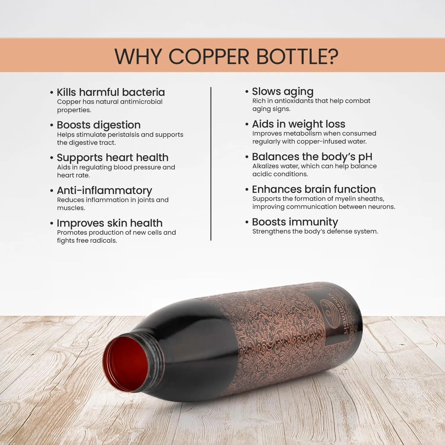 100% COPPER BOTTLE 34oz -Rusted Look,Strong, rooted in Indian mythology and earthy tones. Healthy option for Hydration.