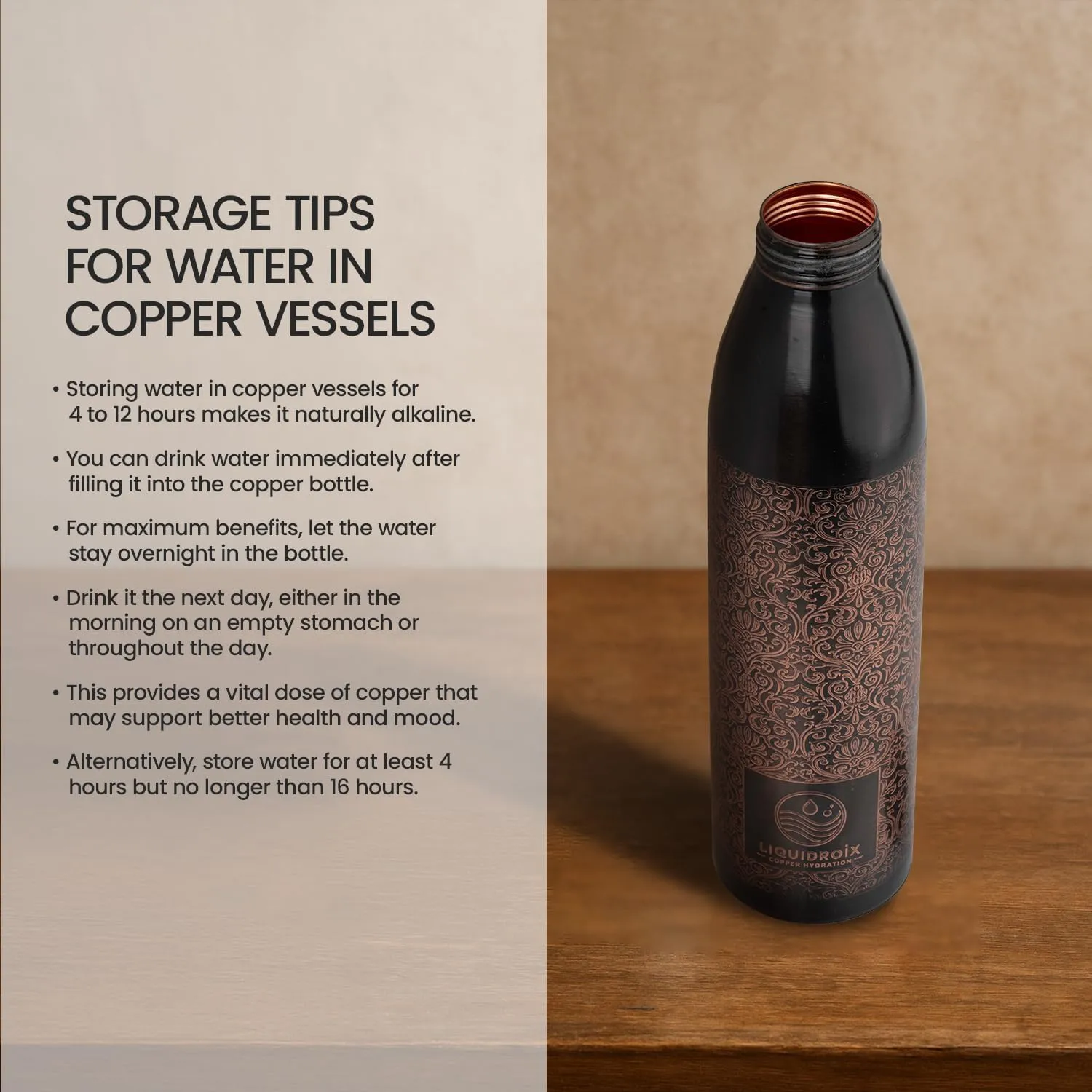 100% COPPER BOTTLE 34oz -Rusted Look,Strong, rooted in Indian mythology and earthy tones. Healthy option for Hydration.