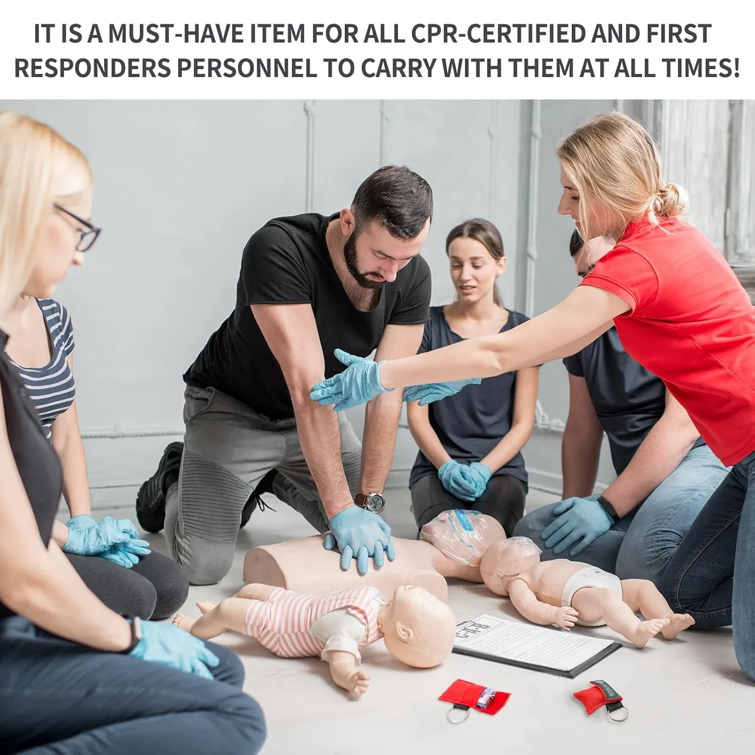 100 Counts CPR Pocket Mask Keychain, CPR Emergency Face Shield with One Way Valve Breathing Barrier for First Aid or ADE Training, Red