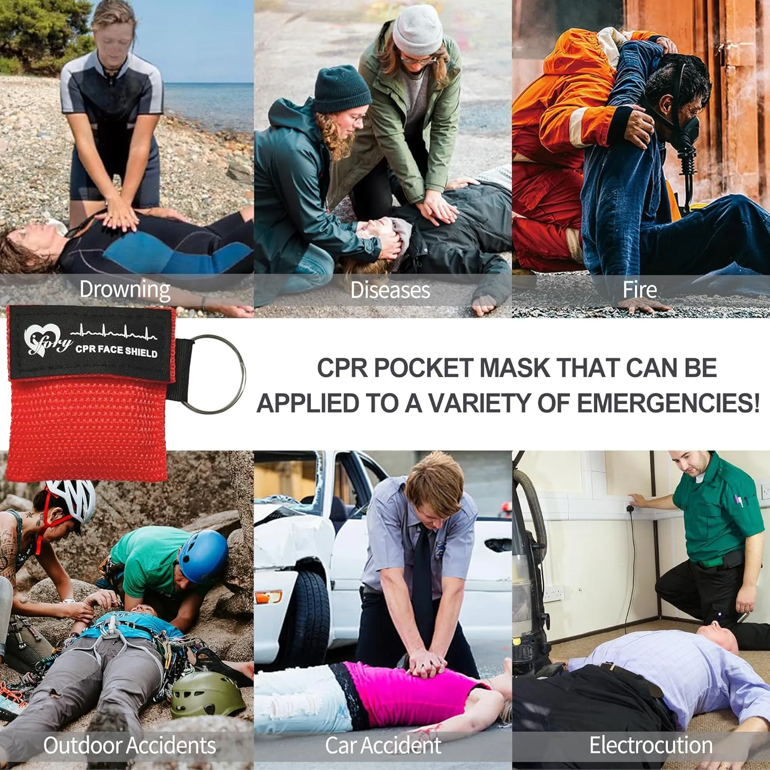 100 Counts CPR Pocket Mask Keychain, CPR Emergency Face Shield with One Way Valve Breathing Barrier for First Aid or ADE Training, Red