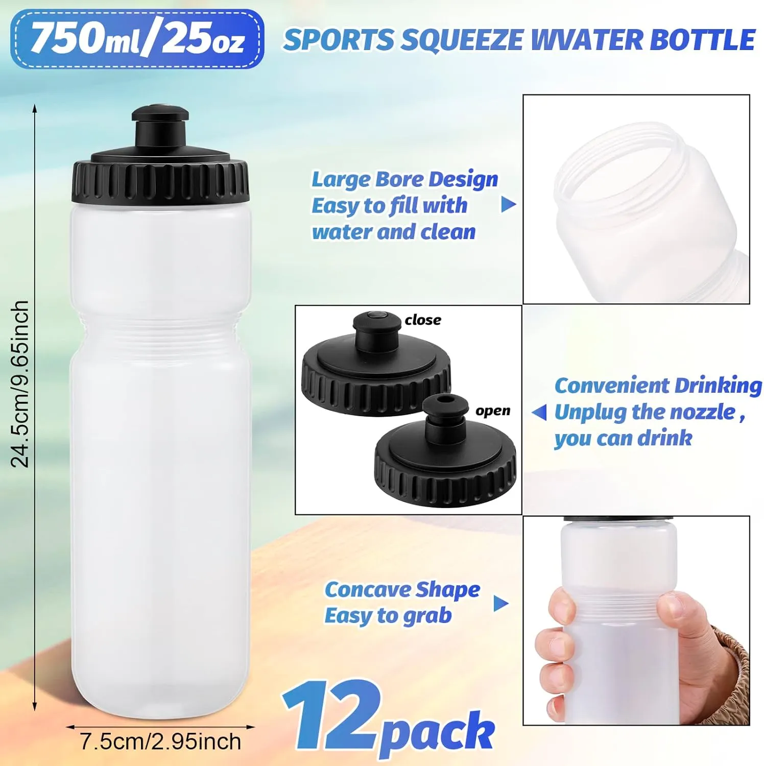 12 Pack Sports Squeeze Water Bottles 25 Oz with Easy Open Push/pull Cap Reusable Plastic Water Bottles for Bicycles Cycling Fitness Yoga Outdoor Sports