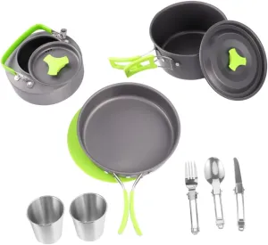12-Piece Camping Pot Set Portable Aluminum Cookware Cooking Utensils for 1-2 People Easy to Carry BBQ Accessories