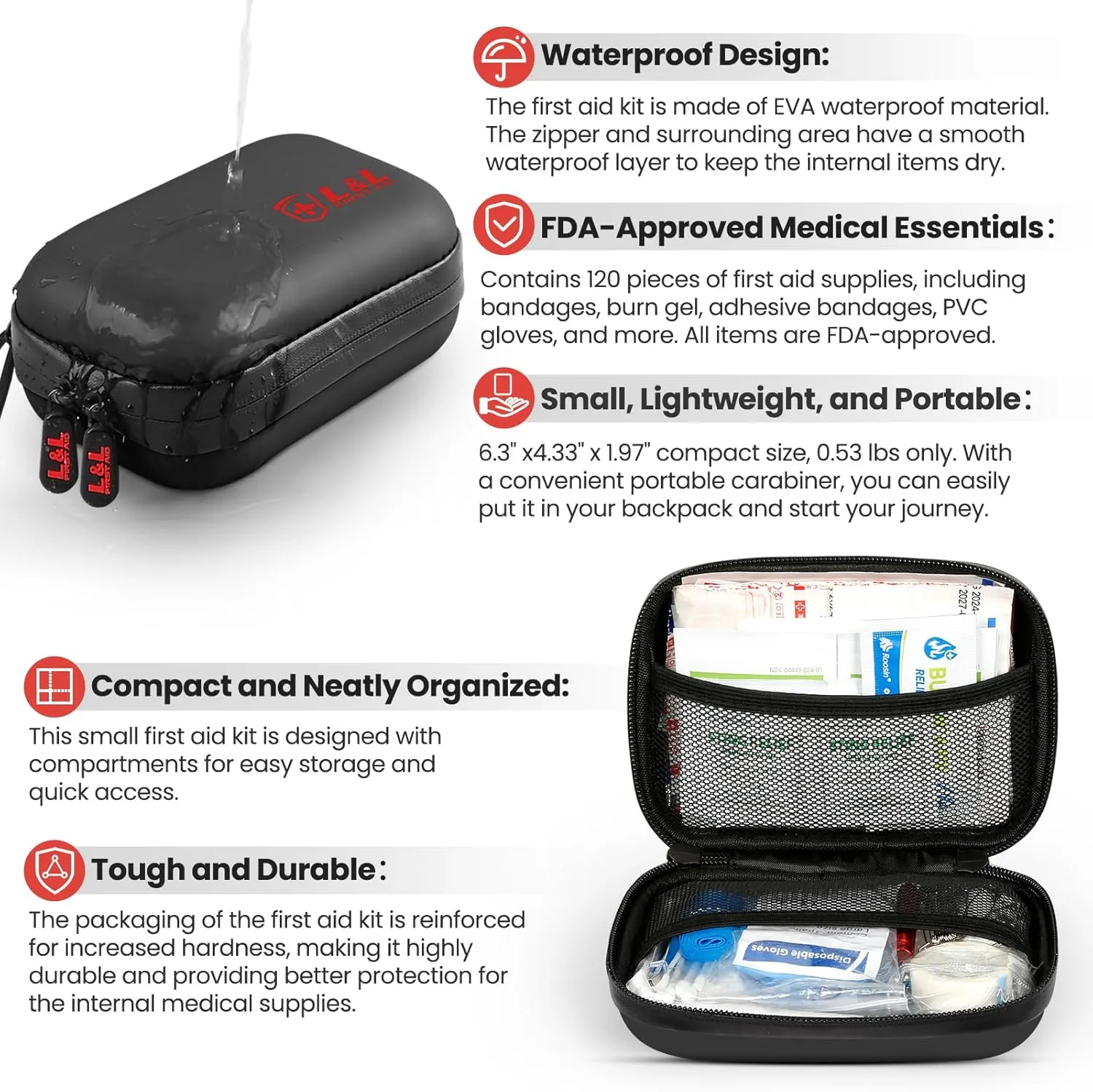 120-Piece First Aid Kit for Travel,Car & Emergency Survival - Compact Waterproof Medical Supplies with Trauma Bandages,Burn Gel & Fever Cooling Patch | Portable for Camping,Hiking,Sports(Black)