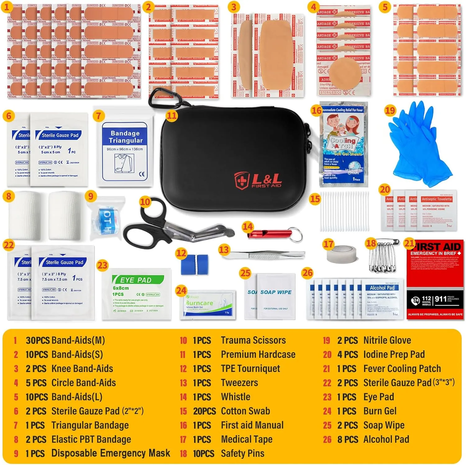 120-Piece First Aid Kit for Travel,Car & Emergency Survival - Compact Waterproof Medical Supplies with Trauma Bandages,Burn Gel & Fever Cooling Patch | Portable for Camping,Hiking,Sports(Black)