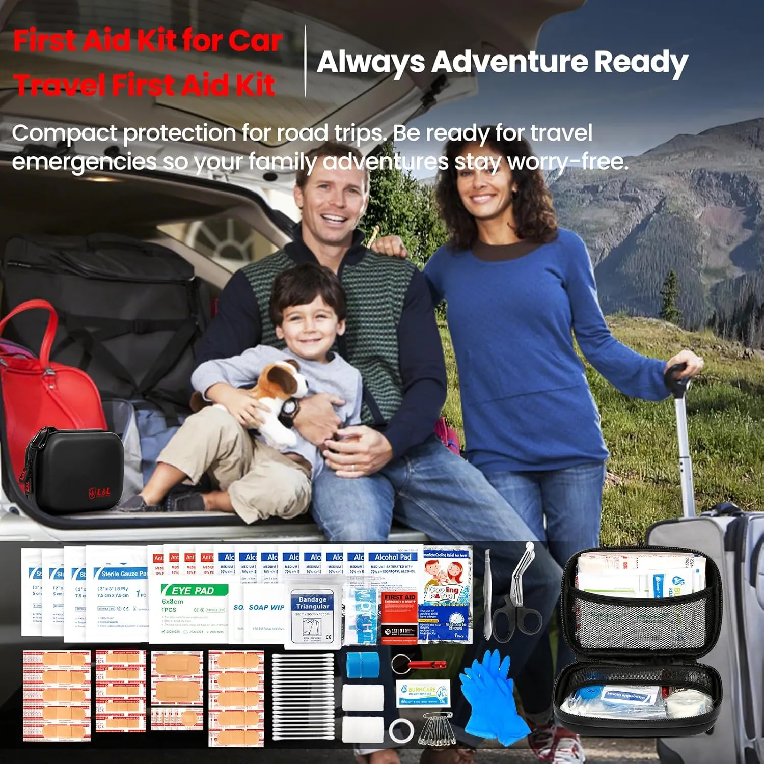 120-Piece First Aid Kit for Travel,Car & Emergency Survival - Compact Waterproof Medical Supplies with Trauma Bandages,Burn Gel & Fever Cooling Patch | Portable for Camping,Hiking,Sports(Black)