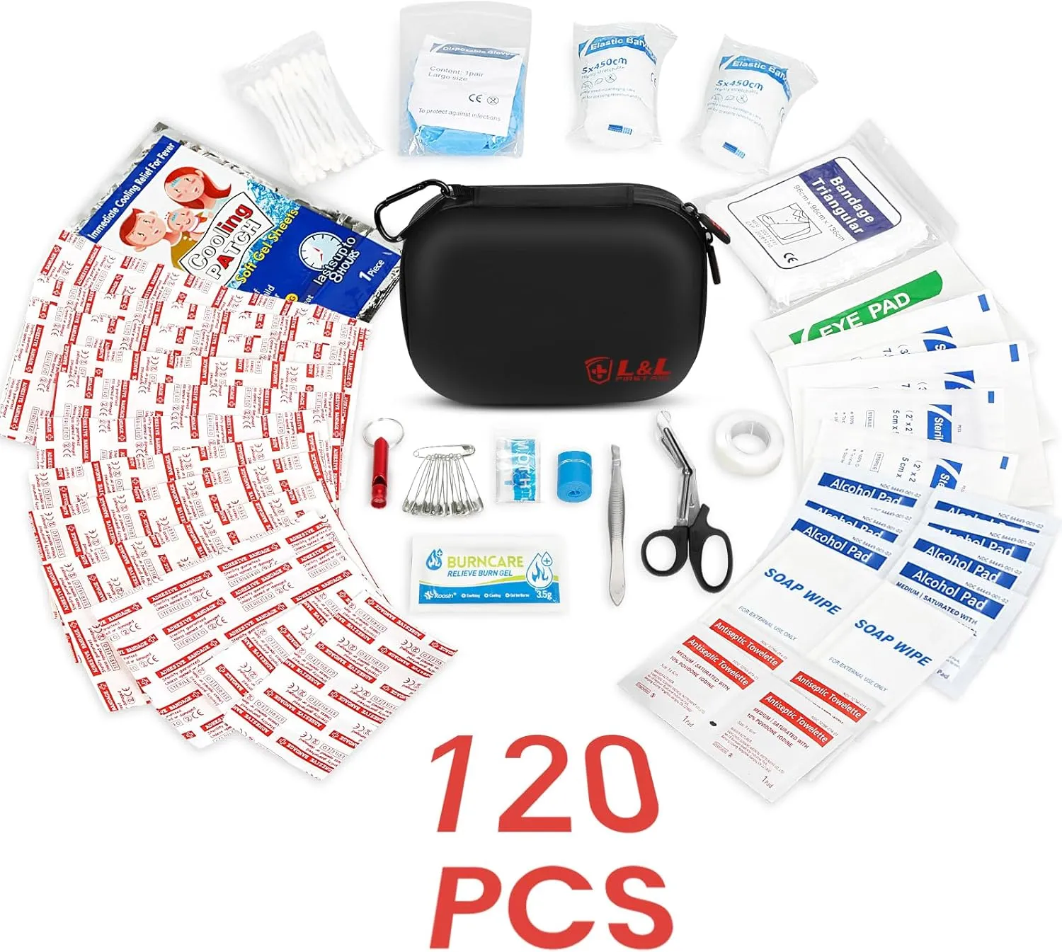 120-Piece First Aid Kit for Travel,Car & Emergency Survival - Compact Waterproof Medical Supplies with Trauma Bandages,Burn Gel & Fever Cooling Patch | Portable for Camping,Hiking,Sports(Black)
