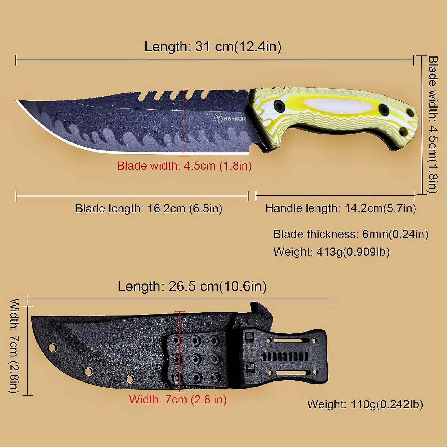 12.4in Full Tang Fixed Blade Hunting Knife – 6mm 9CR18MoV Steel, G10 Handle, Stonewashed Sawback Blade with Kydex Sheath & Fire Starter for Outdoor, Camping, Survival (White and yellow stripes)