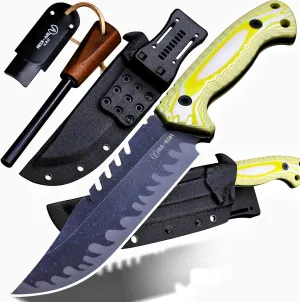 12.4in Full Tang Fixed Blade Hunting Knife – 6mm 9CR18MoV Steel, G10 Handle, Stonewashed Sawback Blade with Kydex Sheath & Fire Starter for Outdoor, Camping, Survival (White and yellow stripes)