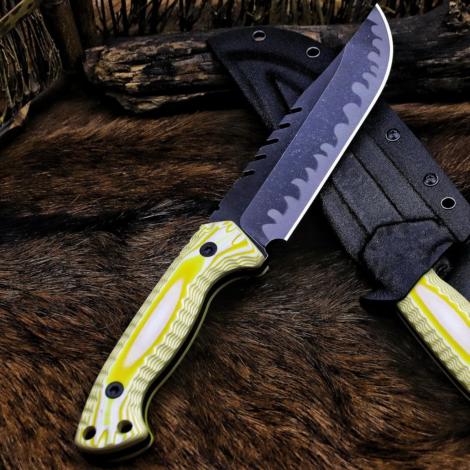 12.4in Full Tang Fixed Blade Hunting Knife – 6mm 9CR18MoV Steel, G10 Handle, Stonewashed Sawback Blade with Kydex Sheath & Fire Starter for Outdoor, Camping, Survival (White and yellow stripes)