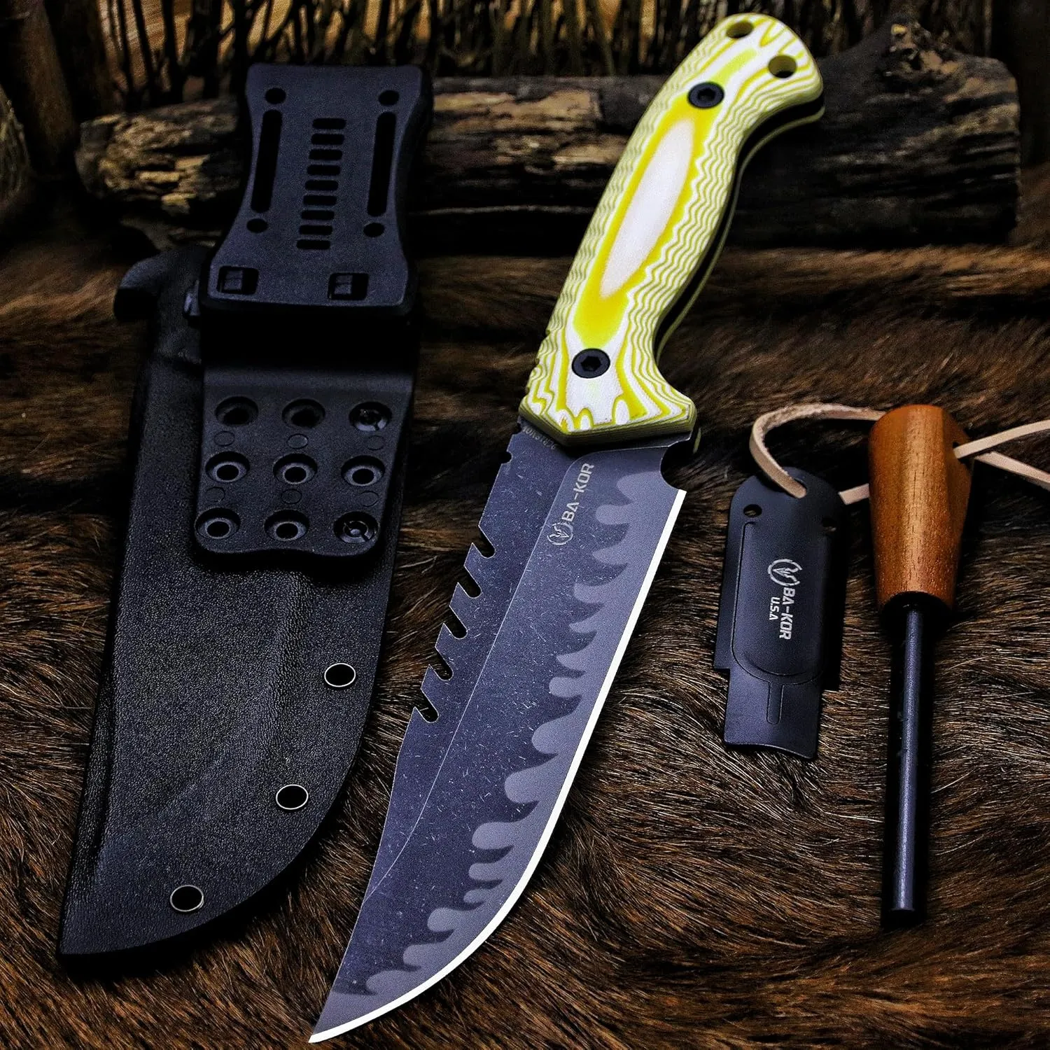 12.4in Full Tang Fixed Blade Hunting Knife – 6mm 9CR18MoV Steel, G10 Handle, Stonewashed Sawback Blade with Kydex Sheath & Fire Starter for Outdoor, Camping, Survival (White and yellow stripes)