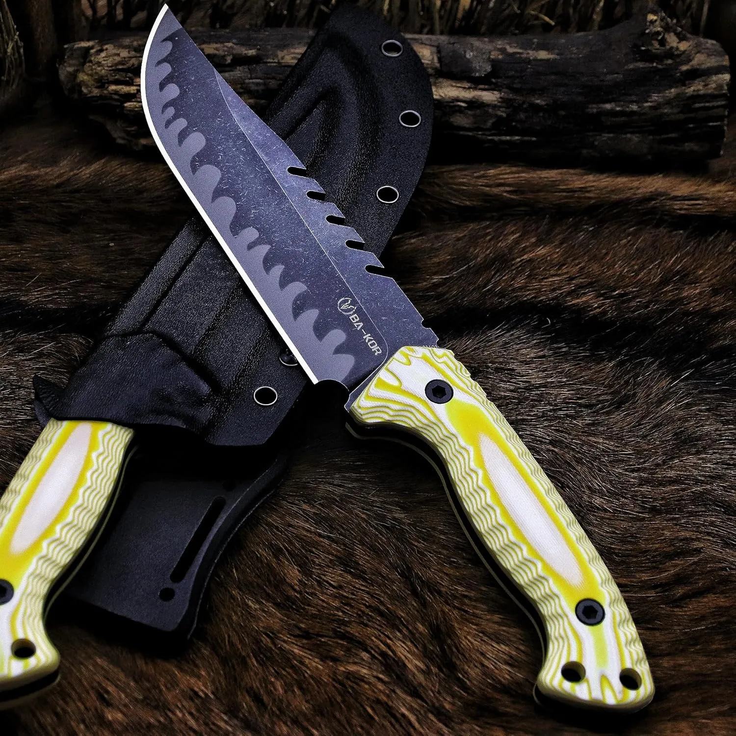 12.4in Full Tang Fixed Blade Hunting Knife – 6mm 9CR18MoV Steel, G10 Handle, Stonewashed Sawback Blade with Kydex Sheath & Fire Starter for Outdoor, Camping, Survival (White and yellow stripes)