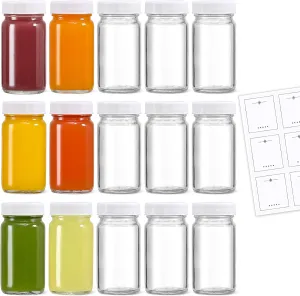 15 Pack 2 oz Glass Shot Bottles w/ White Lids & 15 Labels - Small Clear Jar for Ginger, Wellness Shot, Juice, Sample, Whiskey - Travel Mini Bottles - Wide Mouth, Leakproof, Dishwasher Safe