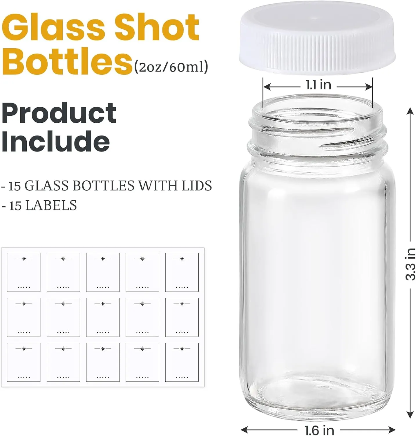 15 Pack 2 oz Glass Shot Bottles w/ White Lids & 15 Labels - Small Clear Jar for Ginger, Wellness Shot, Juice, Sample, Whiskey - Travel Mini Bottles - Wide Mouth, Leakproof, Dishwasher Safe