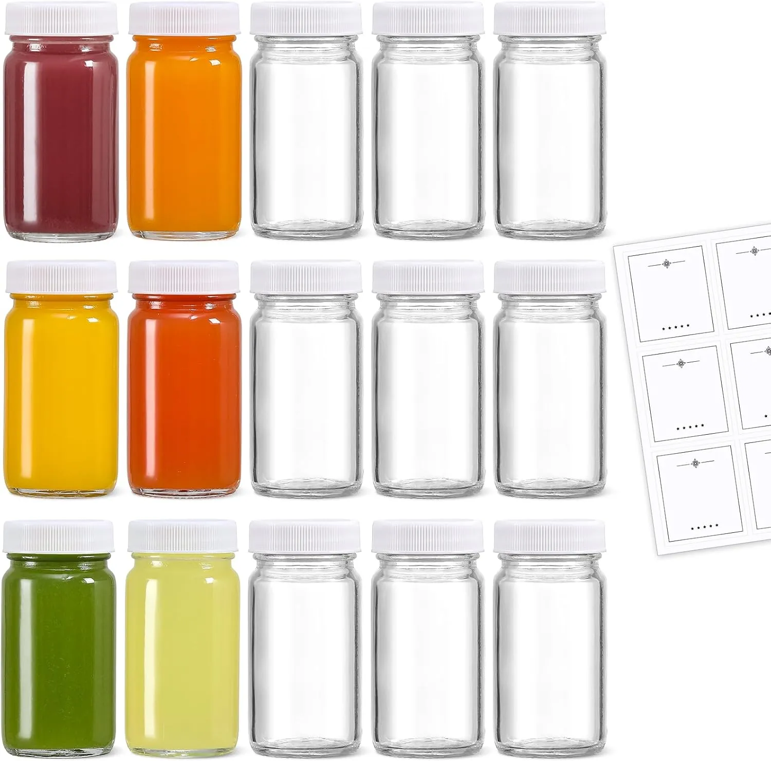 15 Pack 2 oz Glass Shot Bottles w/ White Lids & 15 Labels - Small Clear Jar for Ginger, Wellness Shot, Juice, Sample, Whiskey - Travel Mini Bottles - Wide Mouth, Leakproof, Dishwasher Safe