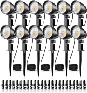 15W Low Voltage Landscape Lighting 1500LM Landscape Lights 12V Warm White Spot Light Outdoor with IP66 Waterproof Garden Pathway Lights for Yard Trees Wall Flag(12 Pack with Connector)