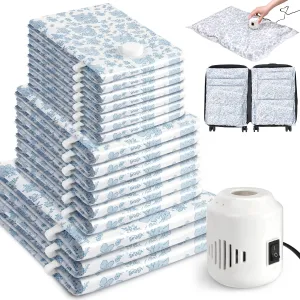 16 Pack Vacuum Storage Bags with Electric Pump, Vacuum Seal Bag for Clothing, Space Saver Storage Organizer, Travel Packing Bags for Luggage (Blue Flowers)