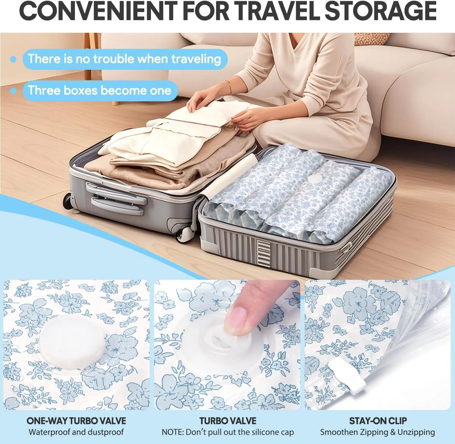 16 Pack Vacuum Storage Bags with Electric Pump, Vacuum Seal Bag for Clothing, Space Saver Storage Organizer, Travel Packing Bags for Luggage (Blue Flowers)