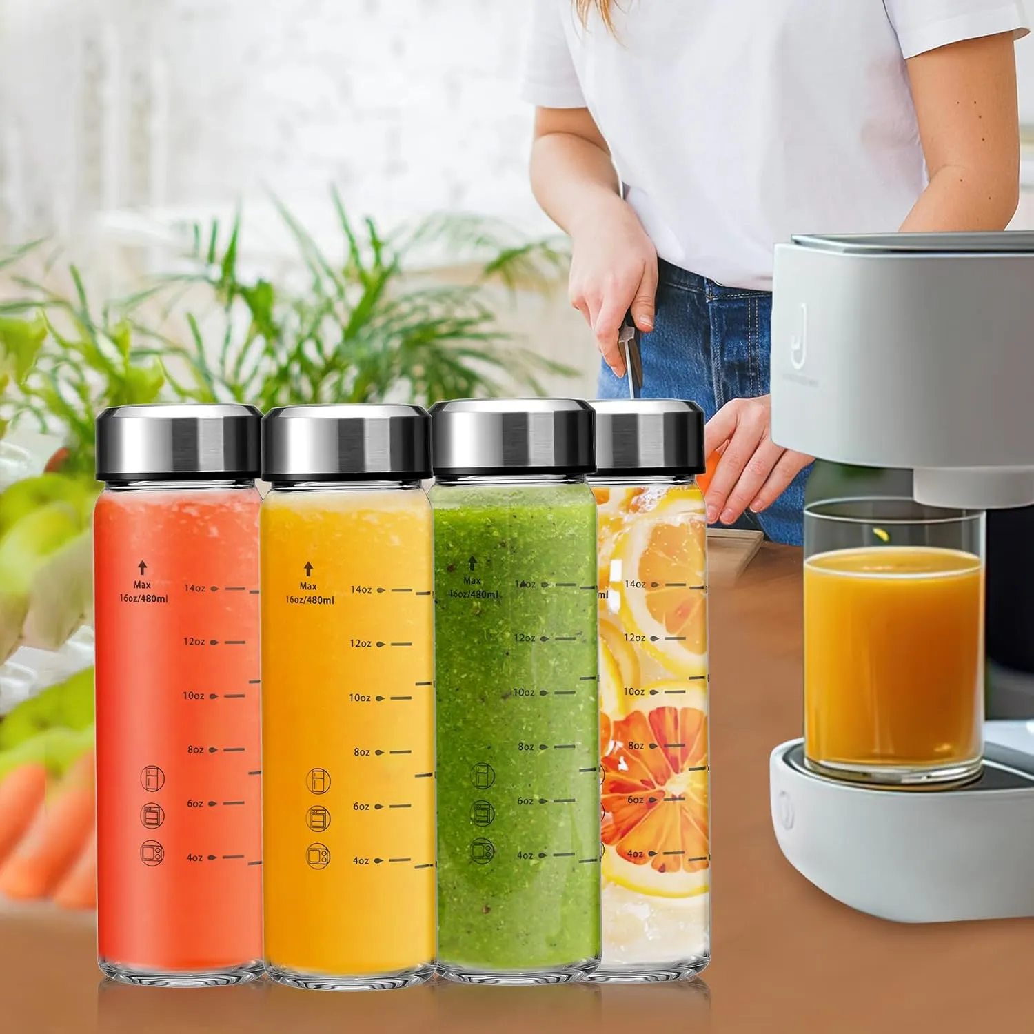 16oz Juice Bottles - 4 Pack Wide Mouth Glass Bottles with Lids- BPA Free, Stainless Steel Lids for Juicing, Smoothies, Infused Water, Beverage Storage - Leakproof, Borosilicate, Clear