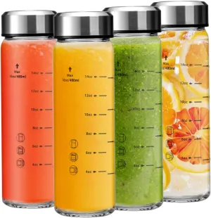 16oz Juice Bottles - 4 Pack Wide Mouth Glass Bottles with Lids- BPA Free, Stainless Steel Lids for Juicing, Smoothies, Infused Water, Beverage Storage - Leakproof, Borosilicate, Clear