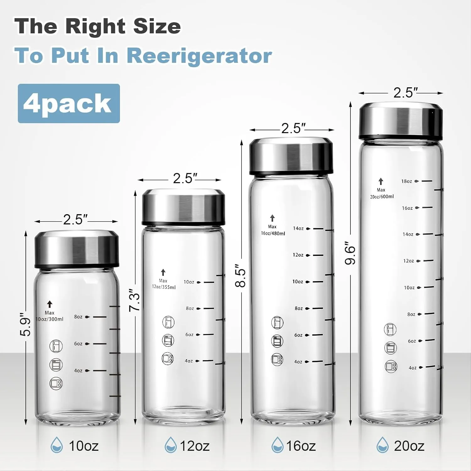 16oz Juice Bottles - 4 Pack Wide Mouth Glass Bottles with Lids- BPA Free, Stainless Steel Lids for Juicing, Smoothies, Infused Water, Beverage Storage - Leakproof, Borosilicate, Clear