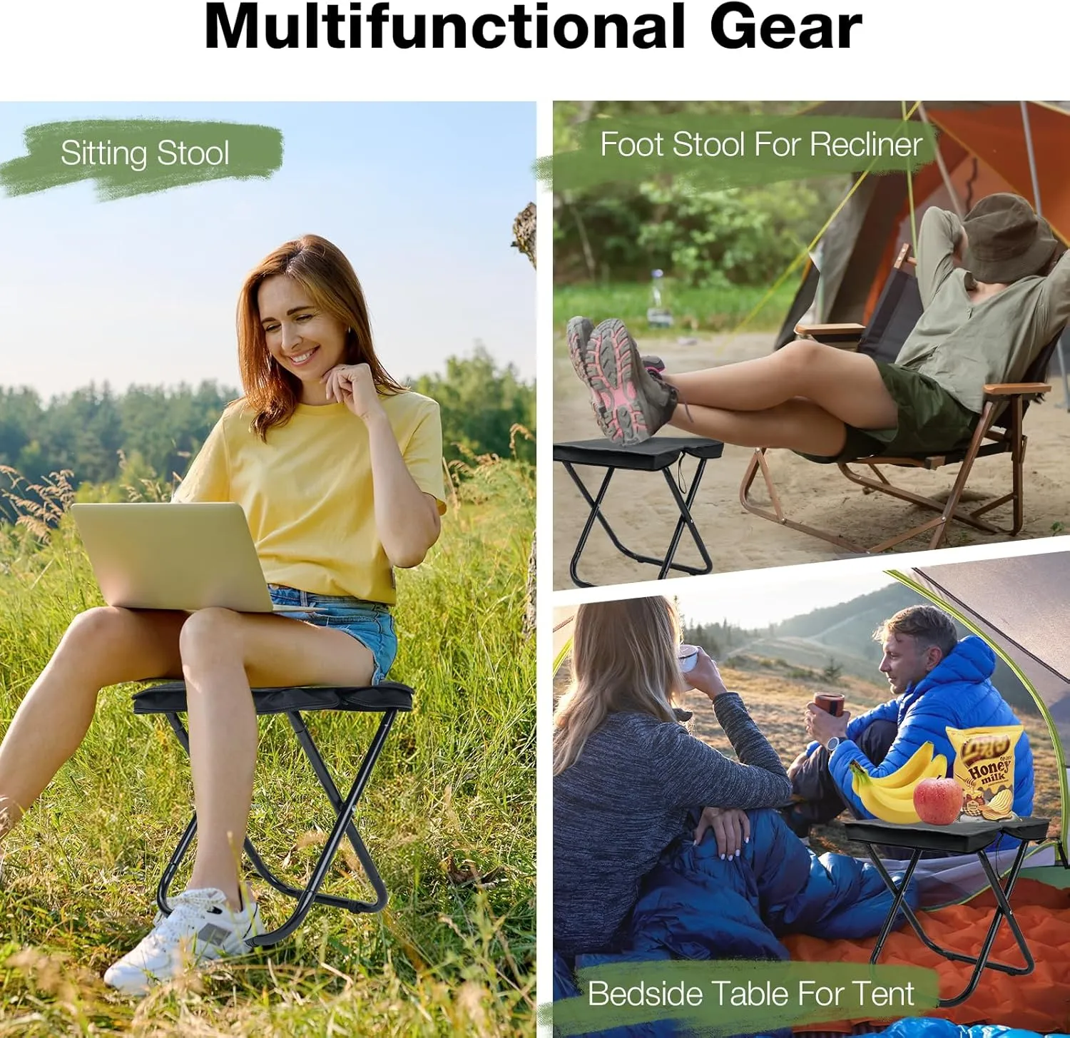 16" Outdoor Foldable Stool, Lightweight Camping Stool for Adults Heavy Duty Support 350lbs, Portable Seat Foot Rest for Travel Fishing Hiking