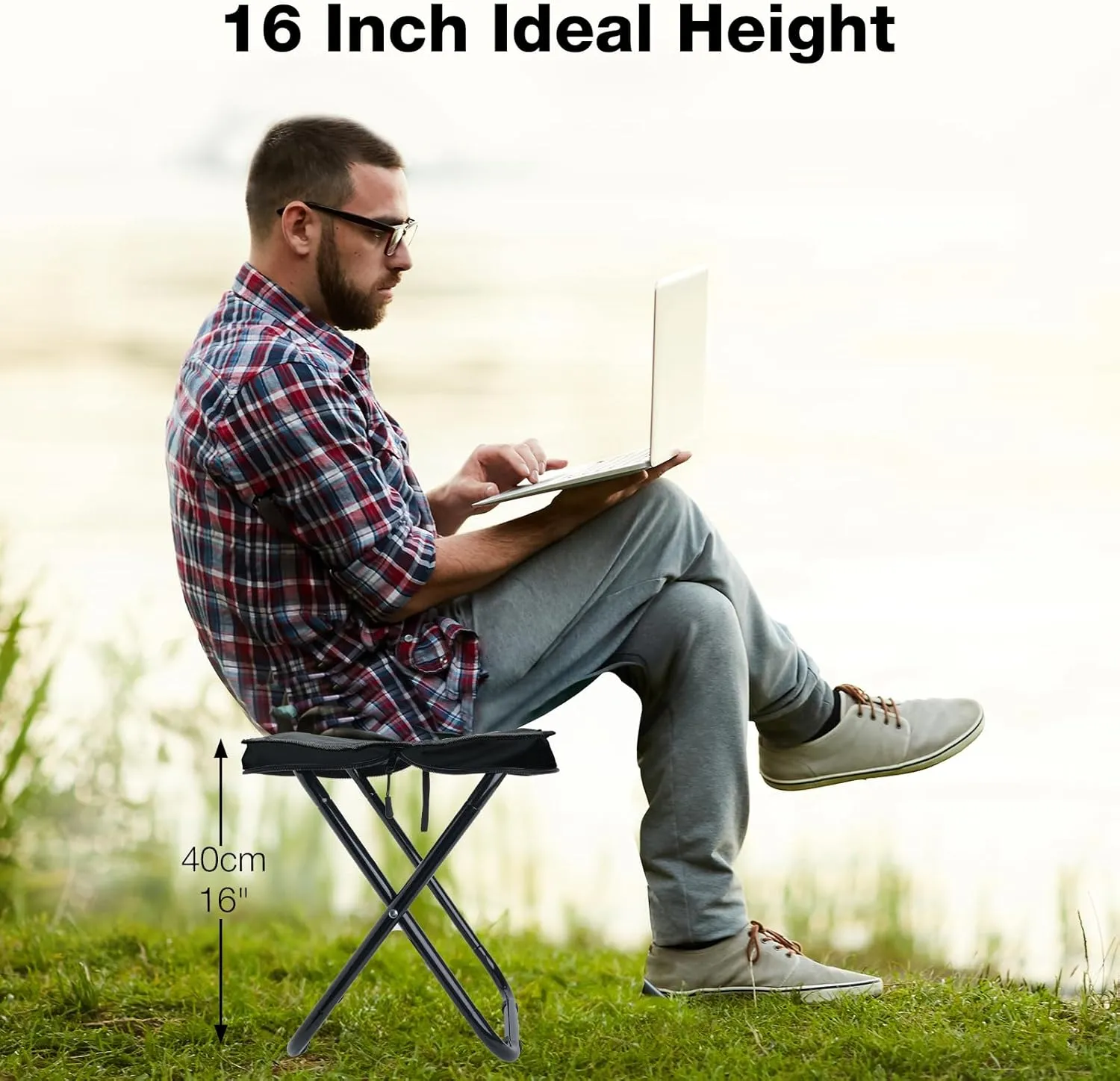 16" Outdoor Foldable Stool, Lightweight Camping Stool for Adults Heavy Duty Support 350lbs, Portable Seat Foot Rest for Travel Fishing Hiking