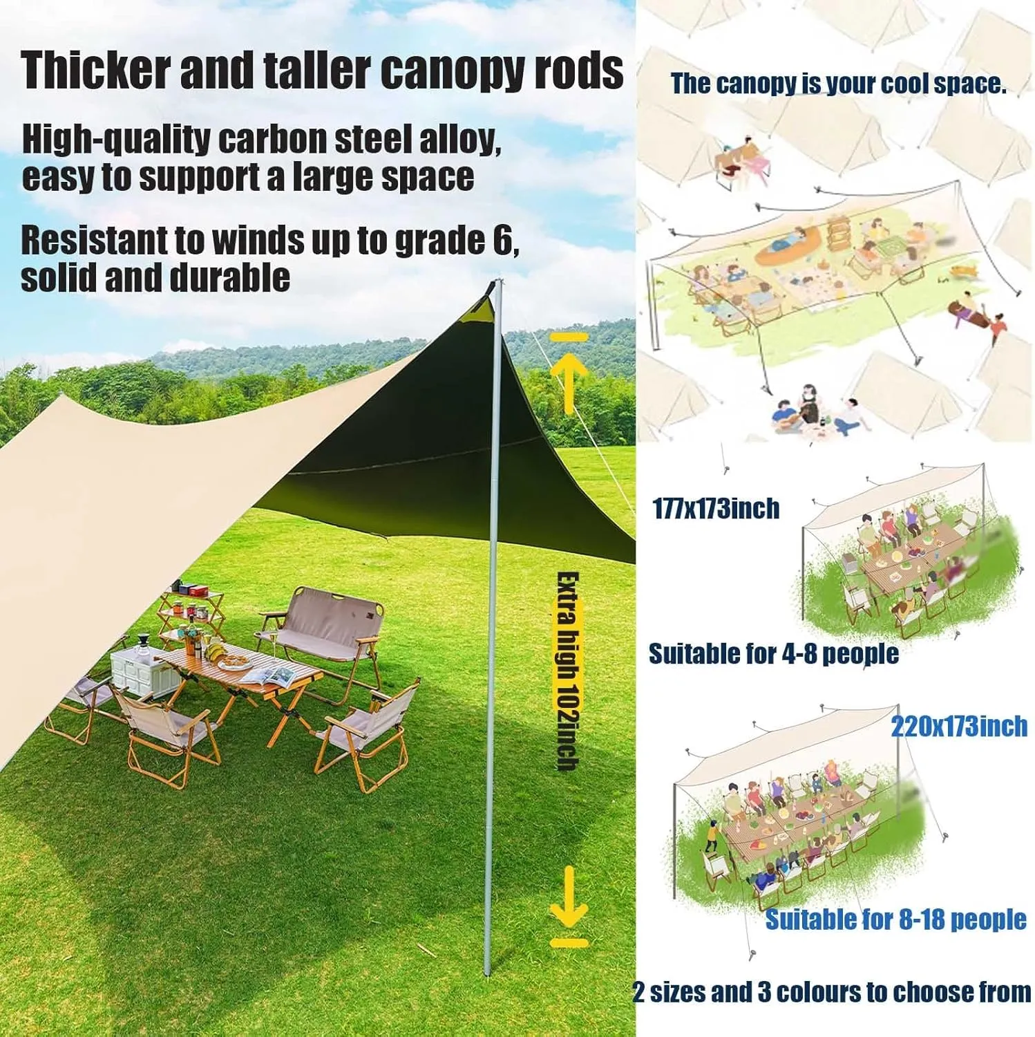 18x14ft Multifunctional Outdoor Camping Traveling Awning with Poles Backpacking Tarp Sunshade Lightweight UV Protection(Rice-White,220x173x102inch)