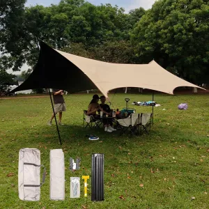 18x14ft Multifunctional Outdoor Camping Traveling Awning with Poles Backpacking Tarp Sunshade Lightweight UV Protection(Rice-White,220x173x102inch)
