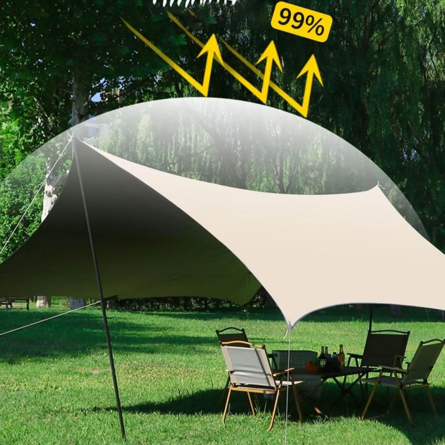 18x14ft Multifunctional Outdoor Camping Traveling Awning with Poles Backpacking Tarp Sunshade Lightweight UV Protection(Rice-White,220x173x102inch)