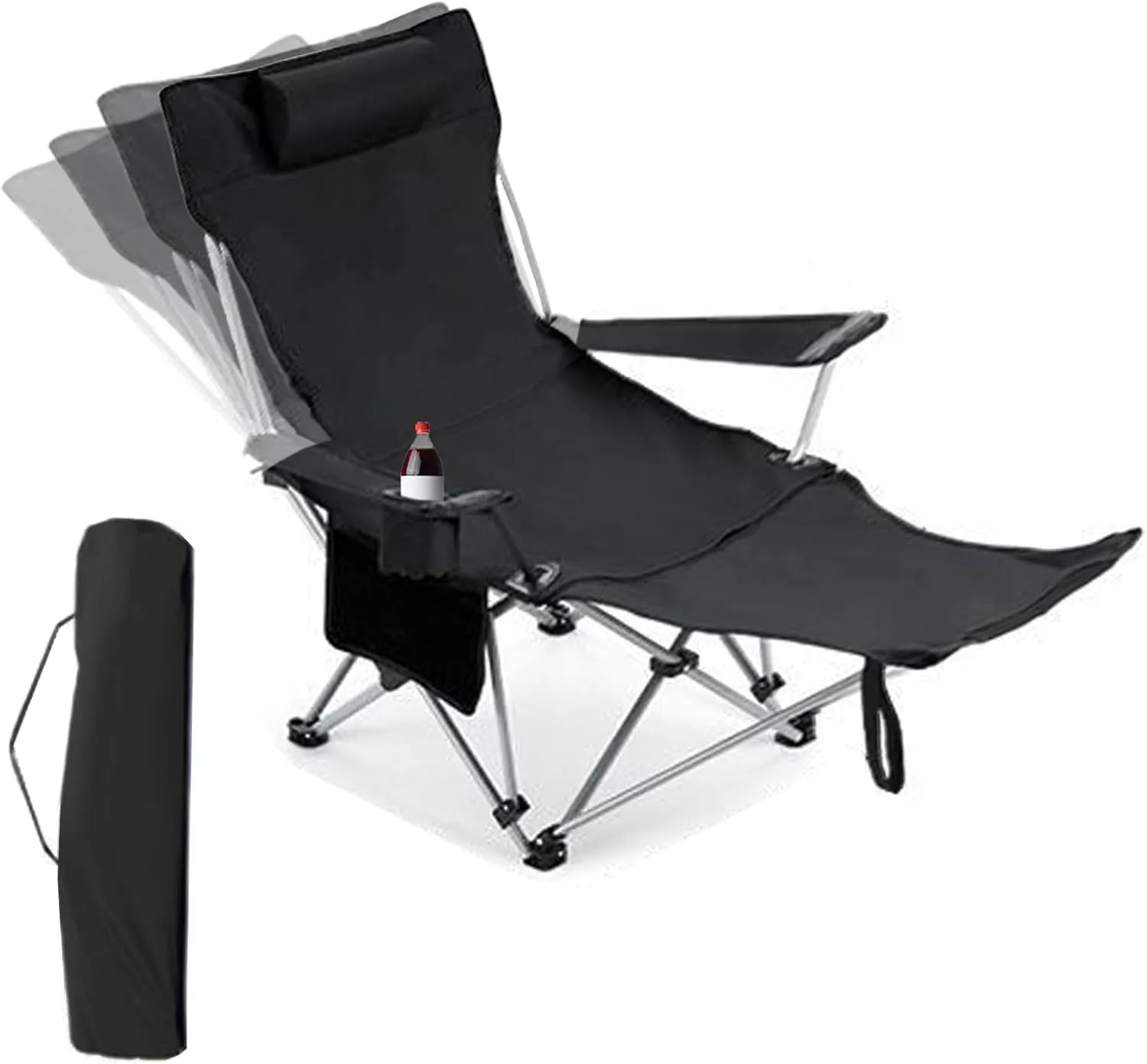 2 in 1 Folding Camping Lounge Chair with Removable Footrest,Picnic Chair,4 Height Adjustments Portable Reclining Camping Chair with Storage Bag & Cup Holder for 300lbs (Black)
