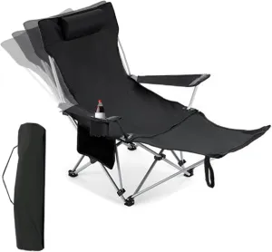 2 in 1 Folding Camping Lounge Chair with Removable Footrest,Picnic Chair,4 Height Adjustments Portable Reclining Camping Chair with Storage Bag & Cup Holder for 300lbs (Black)