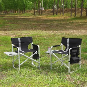 2 Pack Camping Chair, Padded Folding Outdoor Chair with Side Table and Storage Pockets, Lightweight Oversized Directors Chair Fishing Chair for Picnics, BBQ, Beach, Backyard, Party, Patio, Lawn, Black