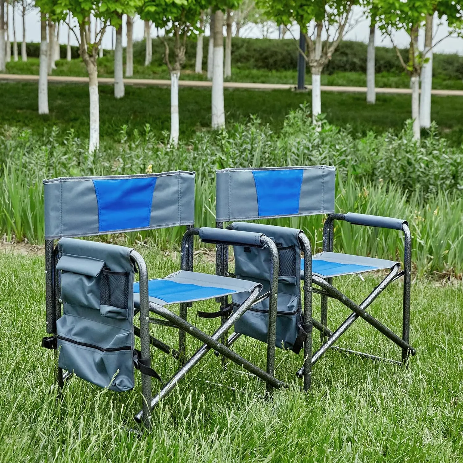 2 Pack Camping Chair, Padded Folding Outdoor Chair with Storage Pockets, Lightweight Oversized Directors Chair Fishing Chair for Picnics, BBQ, Beach, Backyard, Party, Patio, Lawn, Blue