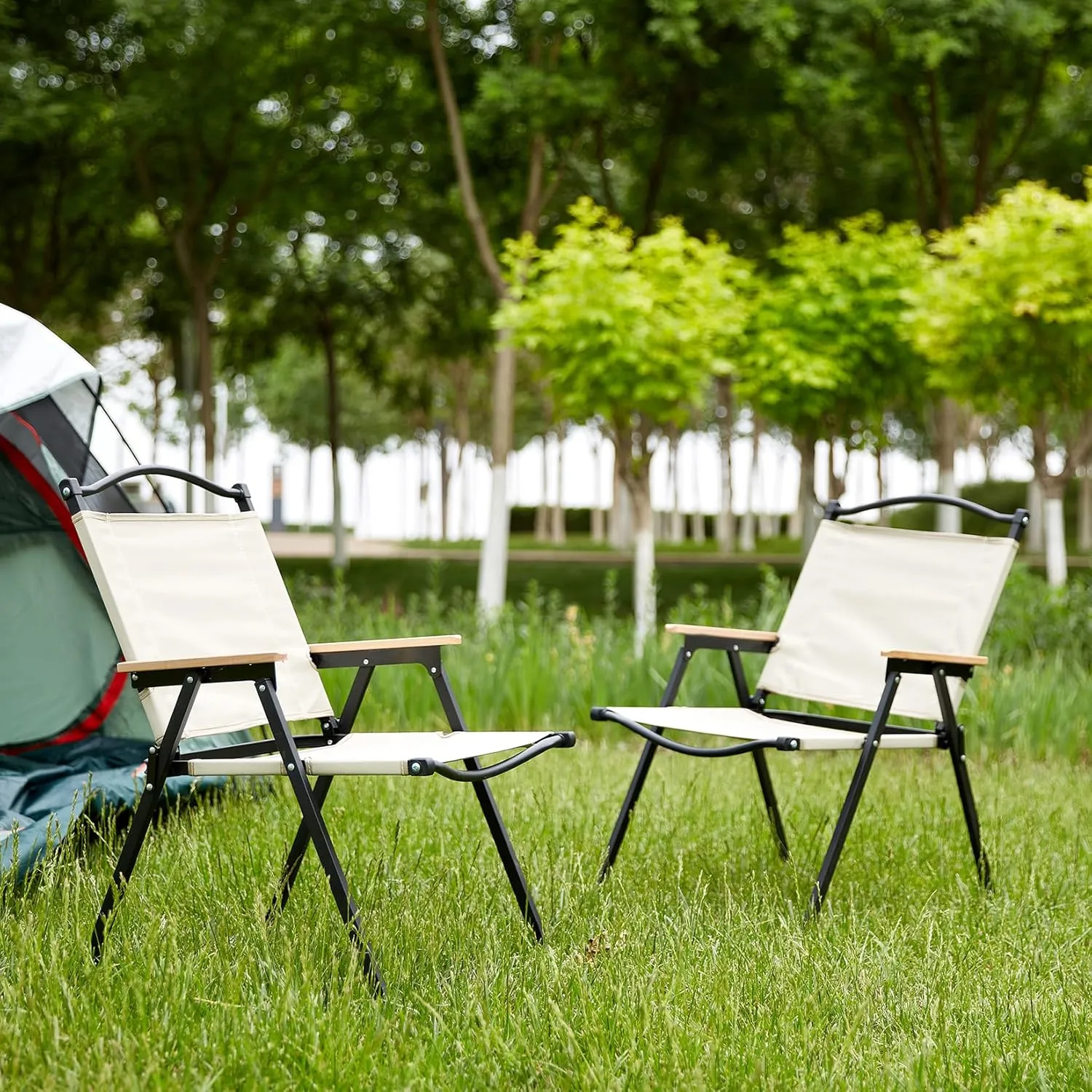 2 Pack Camping Chairs for Adults, Portable Hunting Chair Supports 280lbs, Oversized Lightweight Folding Chair for Camping Padded Seat Outdoor Lawn Folding Chair (Beige)