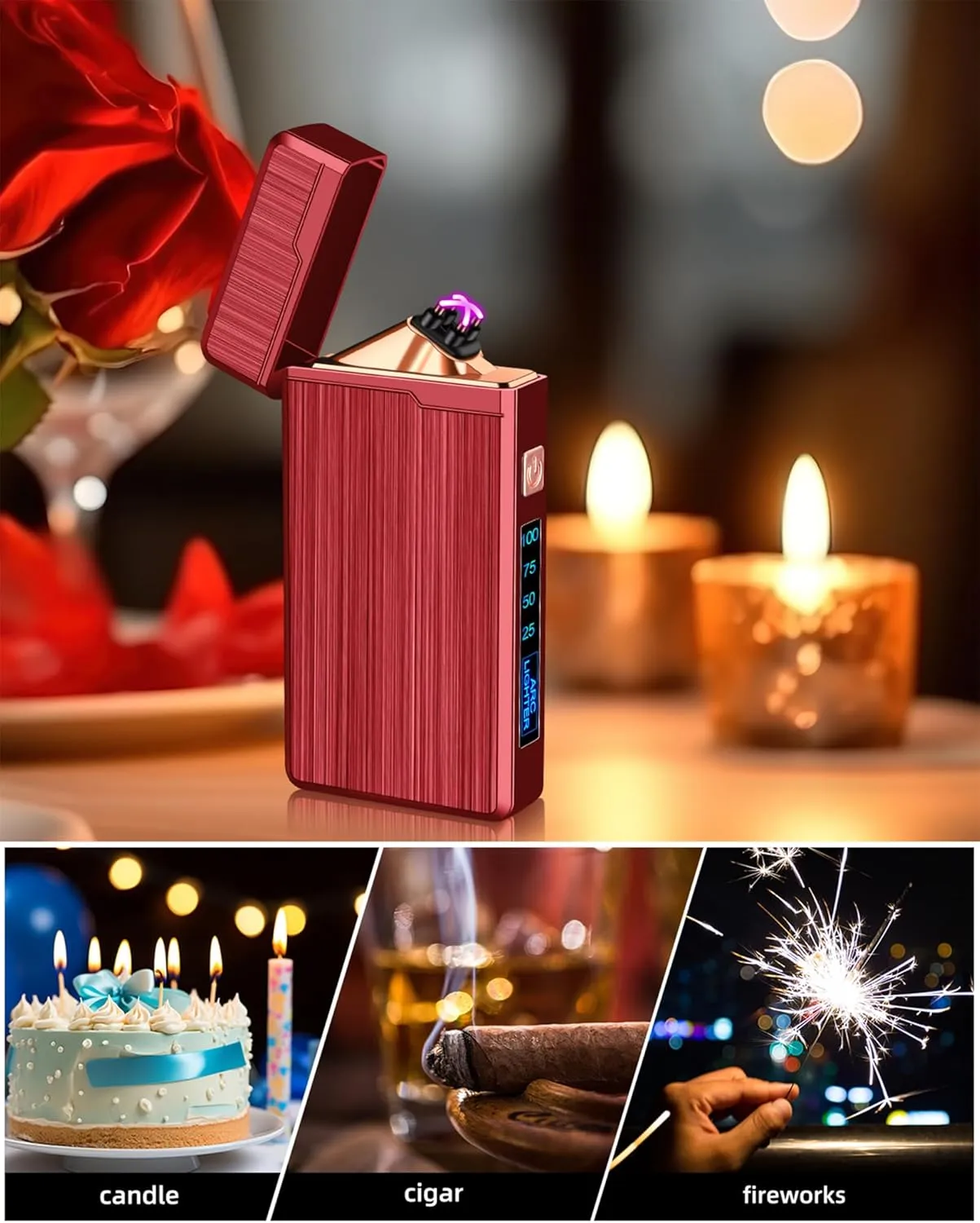 2 Pack Electric Lighters, USB Rechargeable, Plasma Dual Arc, Windproof Flameless, Pocket Metal Lighters with LED Battery Indication for Indoor Outdoor (Black&Red)