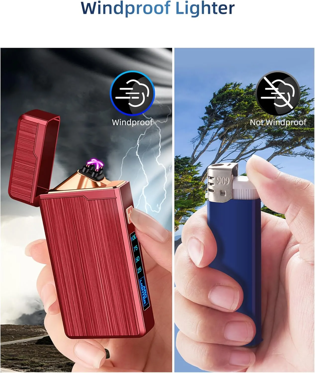2 Pack Electric Lighters, USB Rechargeable, Plasma Dual Arc, Windproof Flameless, Pocket Metal Lighters with LED Battery Indication for Indoor Outdoor (Black&Red)
